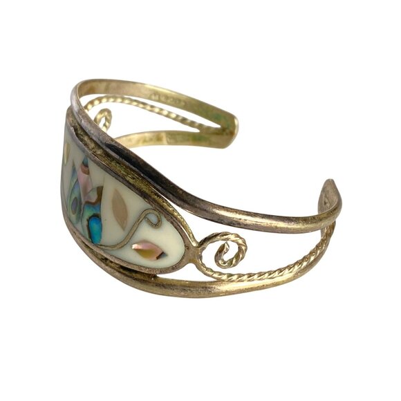 Vintage Alpaca Silver Cuff Bracelet Mother Of Pearl Abalone Inlay Floral Mexico - Picture 2 of 7